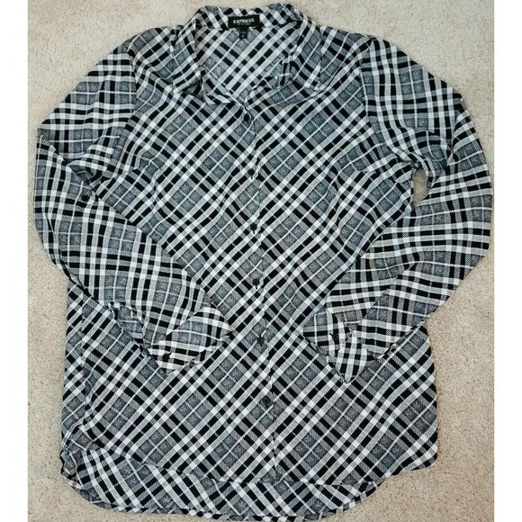 Express ~ Woman Size M~ White/Black "The City Shirt" Blouse Roll Tab Sleeve Tap. - Picture 6 of 11